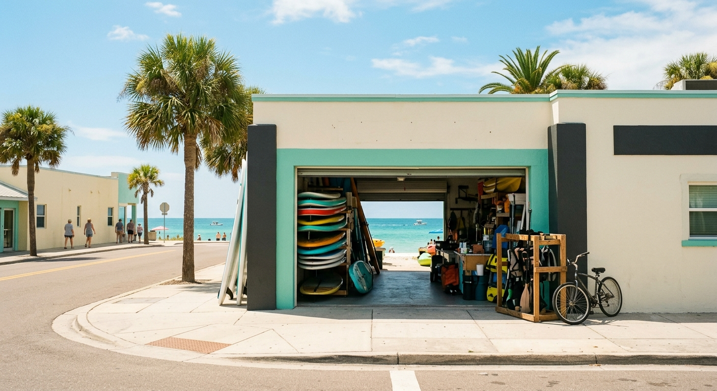A beach-gear shop with its garage door rolled open toward the Gulf, paddleboards racked inside