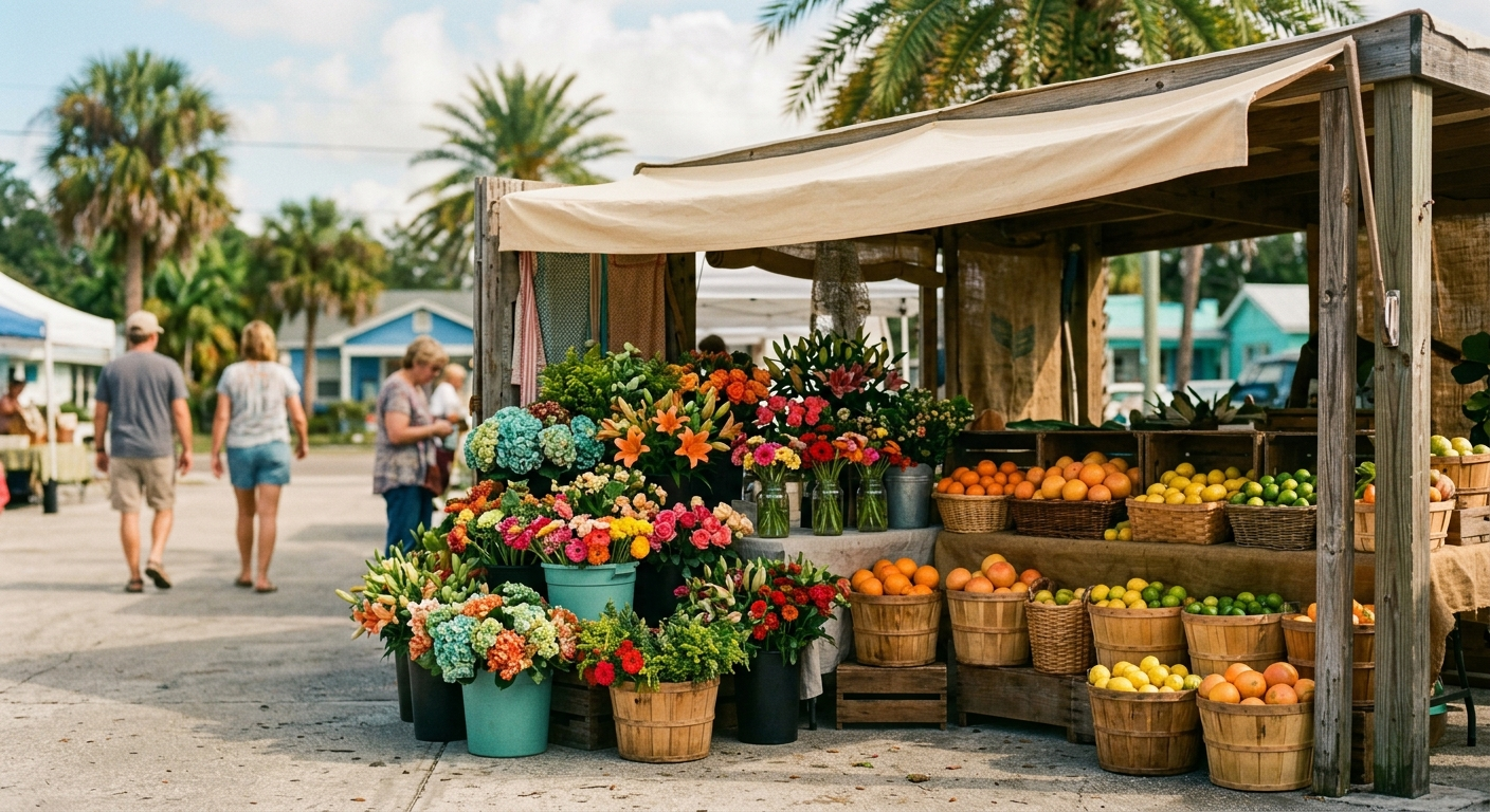 A colorful farmers-market stall of citrus and cut flowers under a canvas awning
