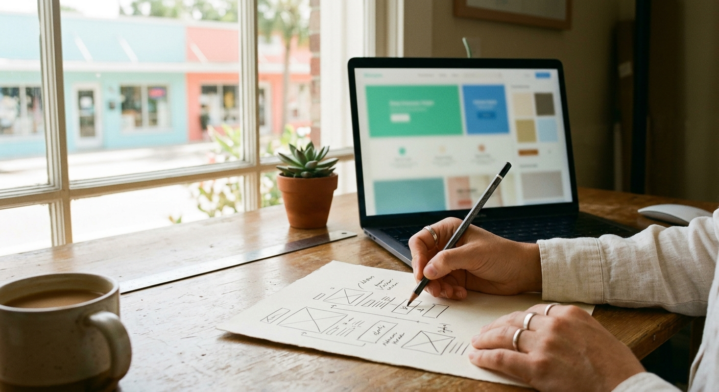 Close focus on hands sketching an abstract website wireframe on paper beside a laptop