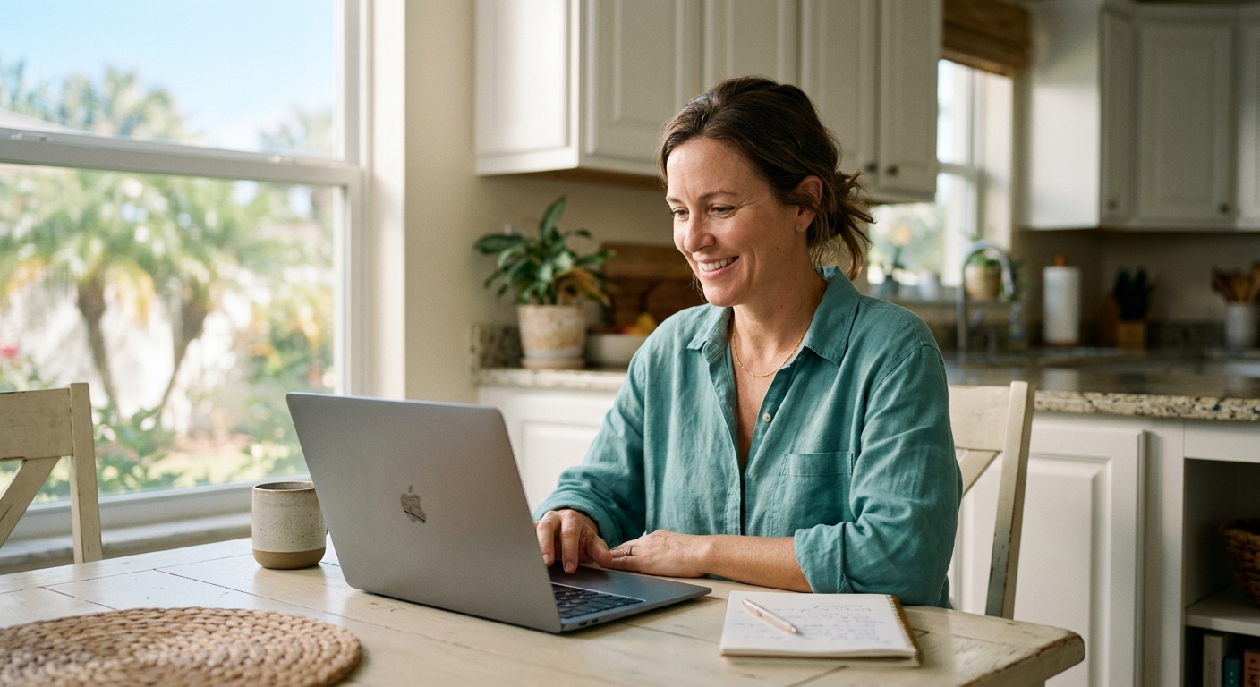 A small-business owner smiling at her laptop at a sunlit kitchen table